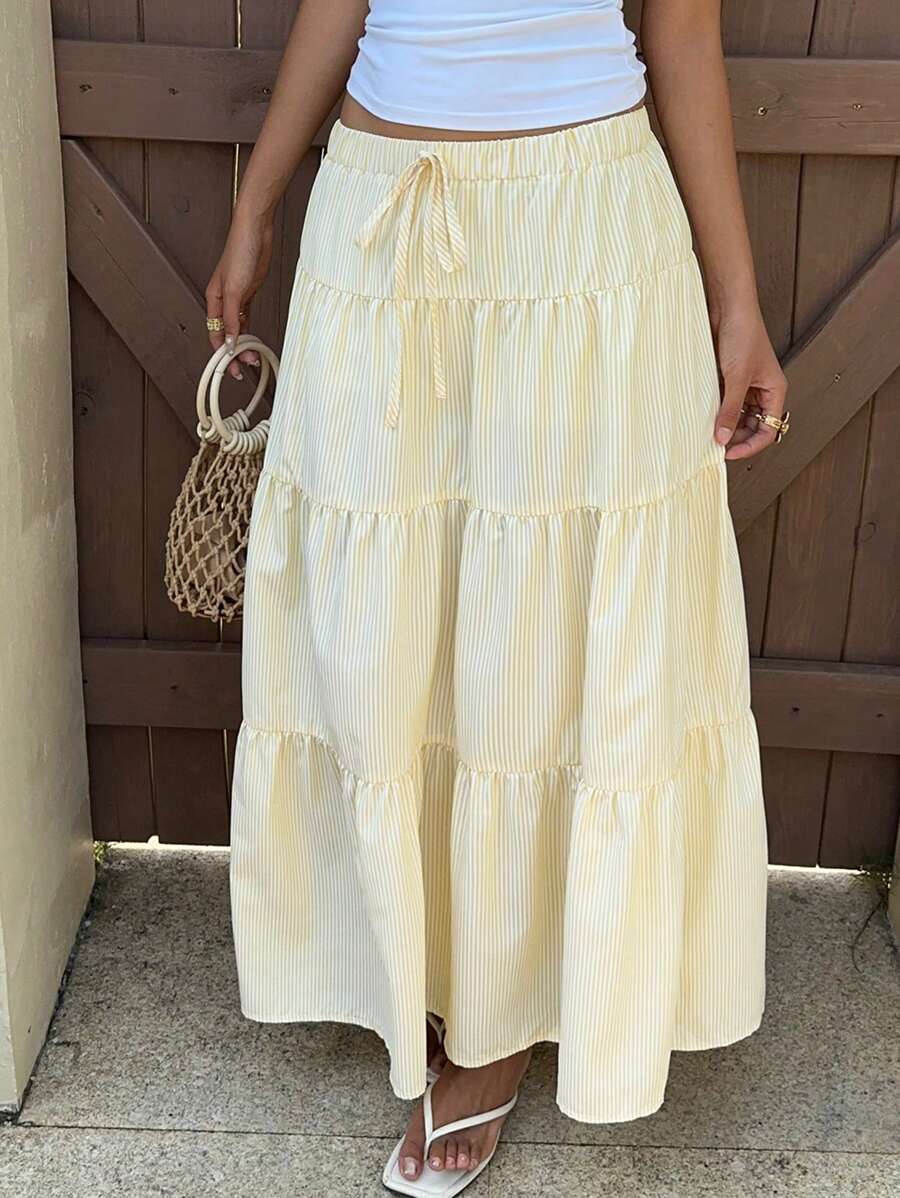 Muchica Butter Yellow Striped Long Skirt, Women 's Vacation Outfits