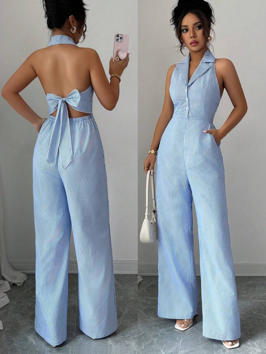 Elenzga Women's Sexy Striped Backless Halter Jumpsuit For Summer