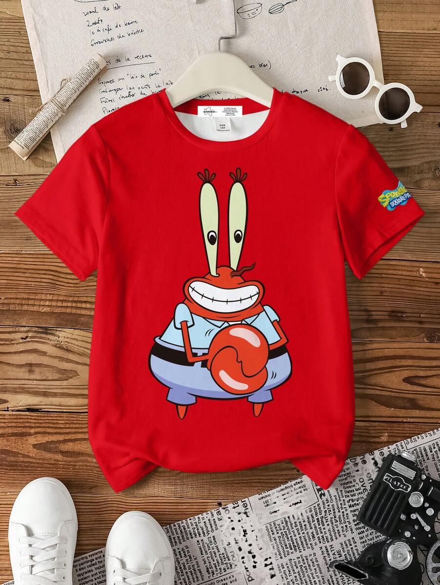 SpongeBob SquarePants X SHEIN Camiseta de cuello redondo de manga corta con estampado de dibujos animados para niño preadolescente, para verano