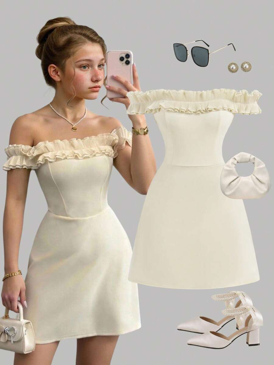 Girlism Teen Girls Apricot Color Is Elegant And Sweet Off-Shoulder Cut Out Short Mini Dress,Suitable For Spring, Summer, Autumn And Winter, Can Be Matched, Parties, Dances, Gatherings Ivory Dress Teen Teen Dress Ruffle Cream Dress For Teen Off The Shoulder Dress Teen White Dress For Teen Ivory Dress Girls Teen Dresses Ruffle Off The Shoulder Dress Teens White Ruffle Dress Teens