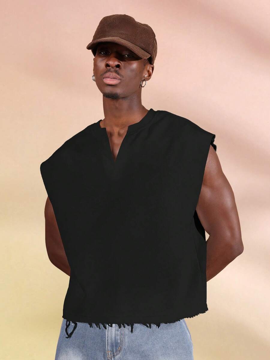 SUMWON Sleeveless Crop Tank Top Raw Edge Frayed Hem V Neck Muscle Cut Summer Festival Streetwear Vest