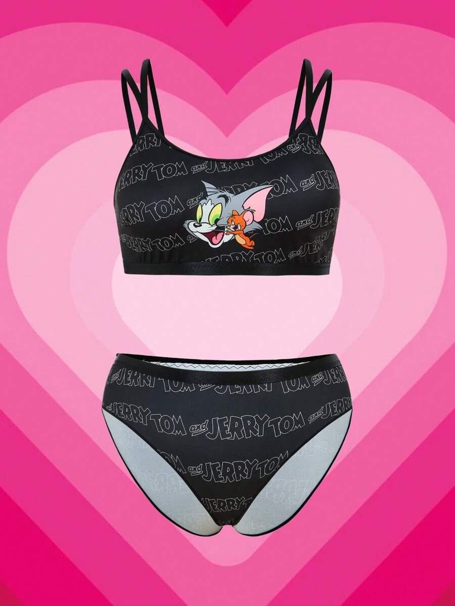 TOM & JERRY X SHEIN Plus Size Black Letter & Cartoon Pattern Camisole Bra Set And Panty Underwear Set,Soft & Comfortable,Cute,Sweet