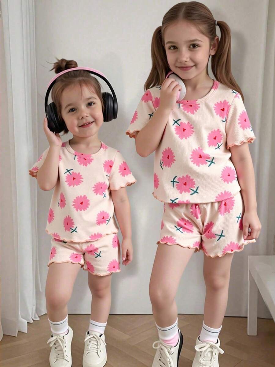 SHEIN Playful Pals 2 pezzi/set Bambina Casual Carino Stampa Maglietta Manica Corta e Shorts Abbinati, Estivo