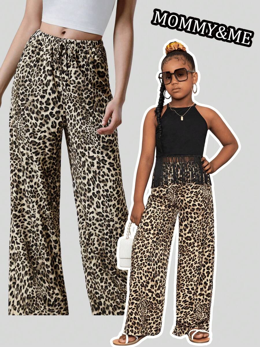 SHEIN Tween Girl Casual Chic Woven Leopard Print Straight Leg Pants, Mommy And Me Matching Outfits (2 Pieces Sold Separately)