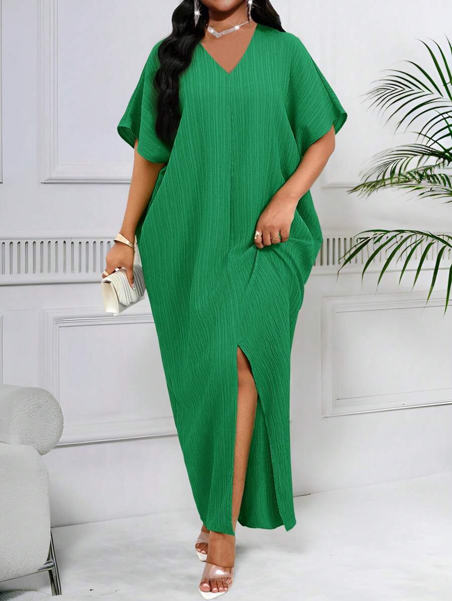 SHEIN Lady Spring And Summer Casual Green Woven Linen Notched Slit Batwing Sleeve Midi Tunic Dress Plus Size Dresses Vacation Outfits Woman Beach Outfits For Woman Beach Vacation Beach Dress Wedding Guest Dress Women Business Casual Woman Prom Dress