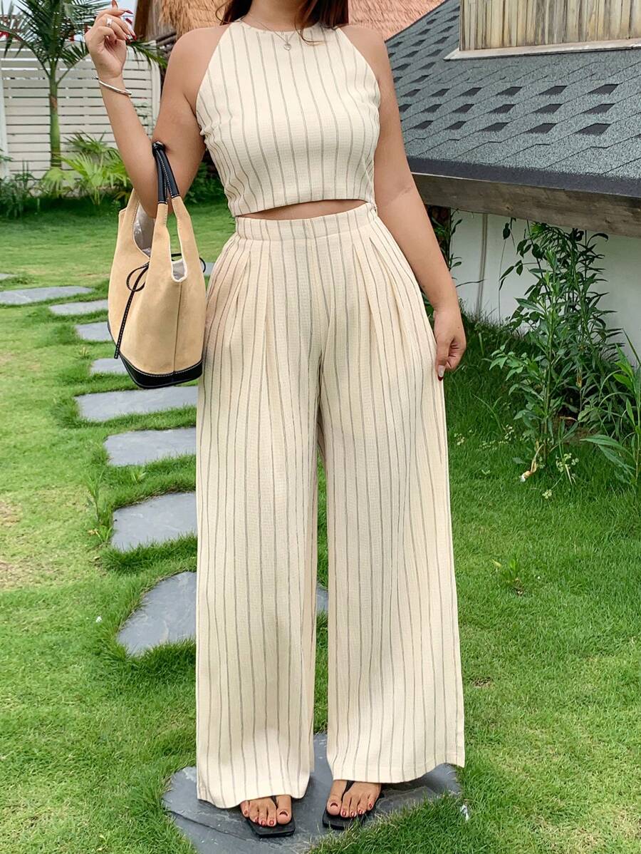 Dazy Plus 2 Pieces Set Crew Neck Cropped Tank Top & Loose Striped Pants