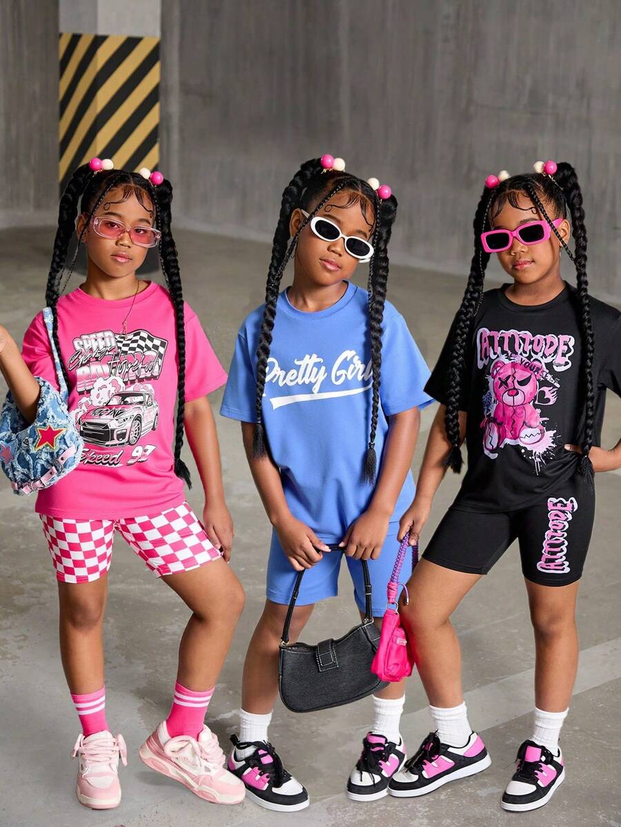 SHEIN Conjunto de 6 piezas de estilo informal para niñas preadolescentes con camiseta estampada con oso, coche de carreras y letras, y shorts de ciclista en 2 piezas