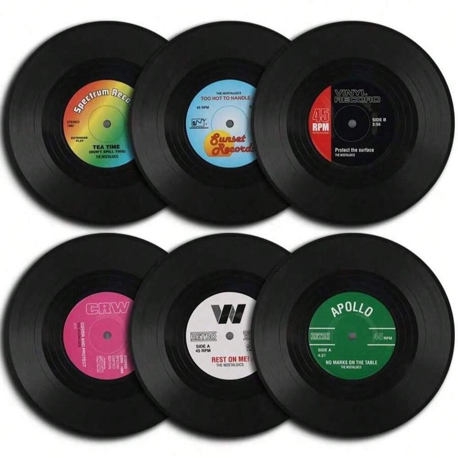 SHEIN 6pcs/Set Colorful Retro Vinyl Record Disk Coasters For Drinks Vinyl Record Coaster Set Coffee Table Decor