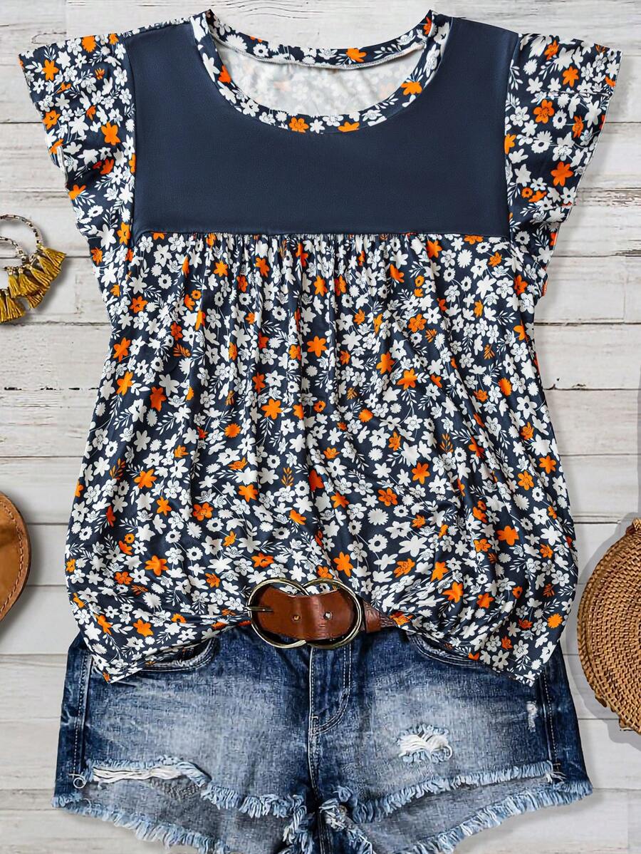 Linhara Women's Elegant Commuter Casual Chic Floral Print Versatile Soft Material Round Neck Short Sleeve Regular T-Shirt, Grey Blue, Plus Size, Spring/Summer/Autumn