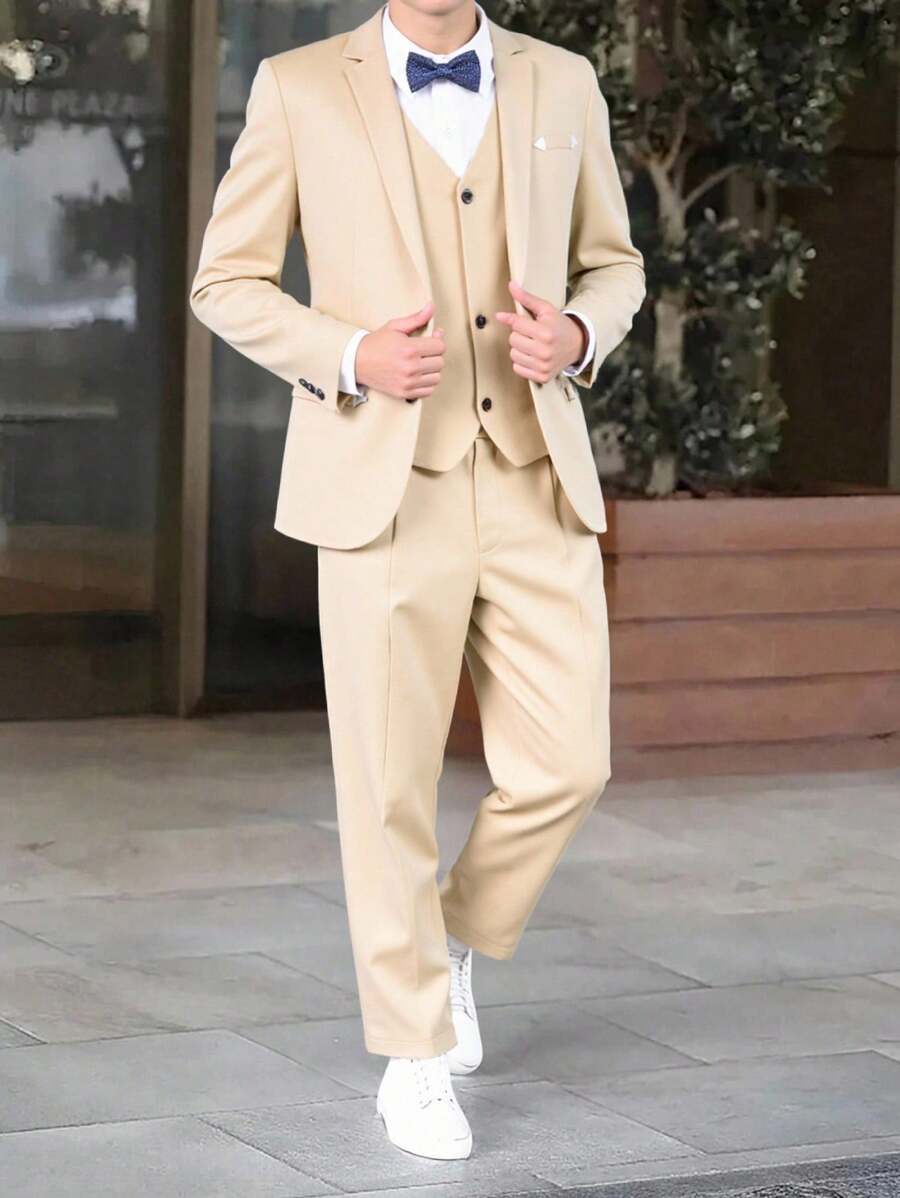 Traje elegante casual de caballero para jóvenes con decoración de triángulos blancos, adecuado para ocasiones formales, fiesta de cumpleaños - 4 piezas