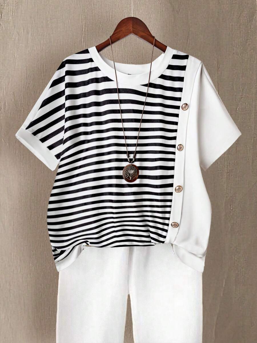 Linhara Plus Size Round Neck Black & White Striped Contrast Side Button T-Shirt