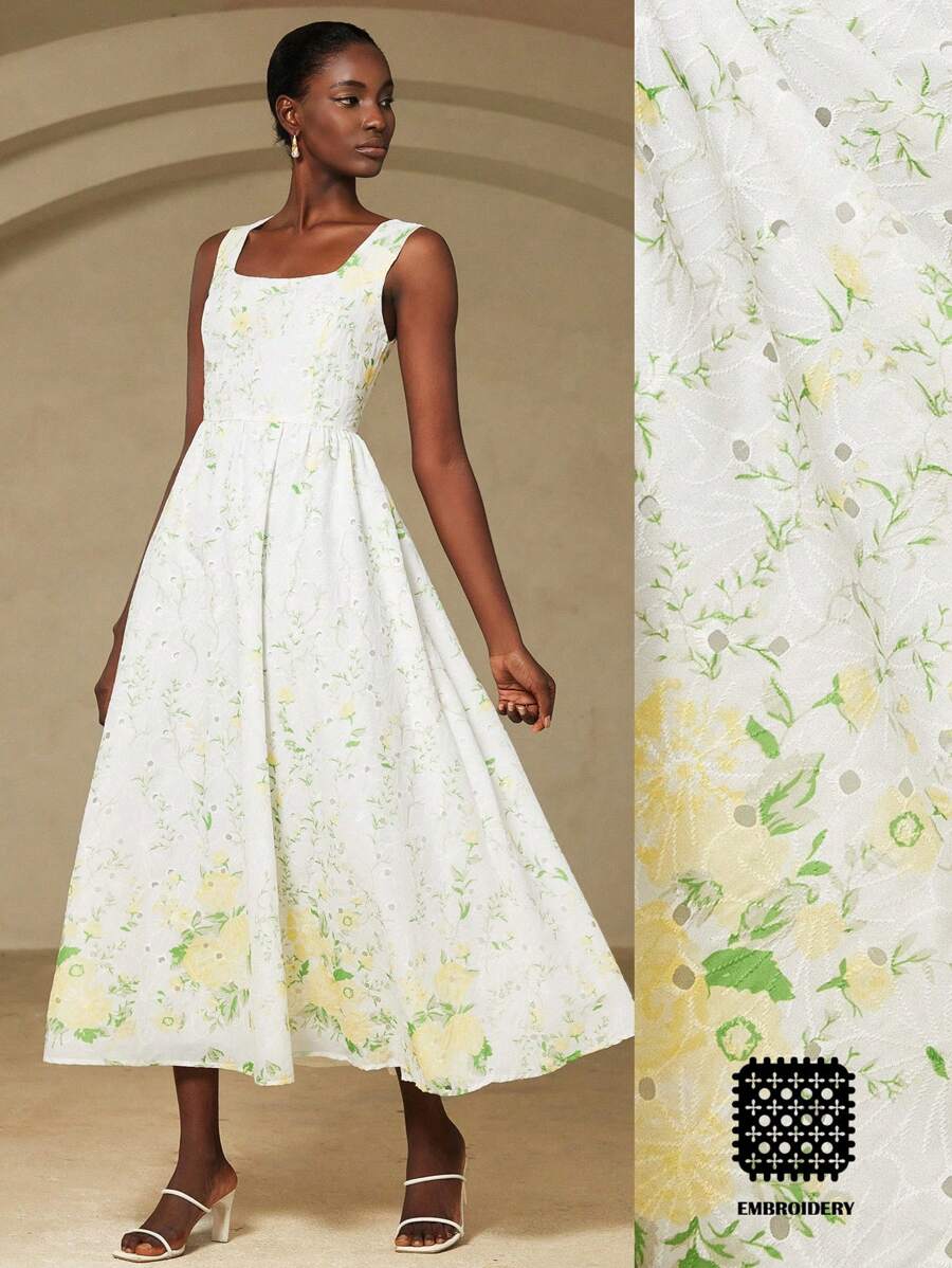 Aveloria Rosie Romantic Minimalist Wide Strap Square Neck Fully Embroidered Print Fitted Flare Hem Dress For Women