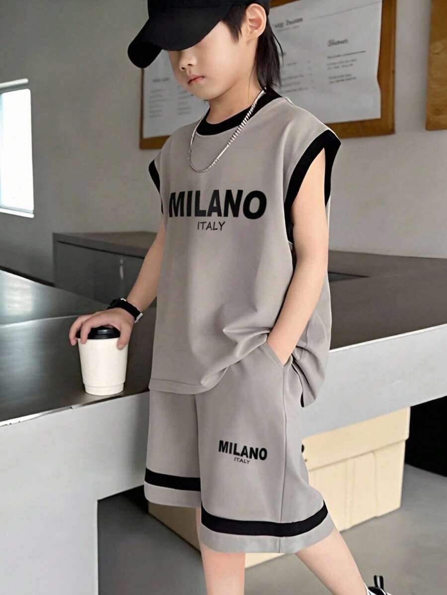 Genkimix Kids Boys Casual Sports Set: Loose Drop Shoulder Color Block Letter Print Vest And Elastic Waist Basketball Shorts, Perfect For Daily Sporty Outfits