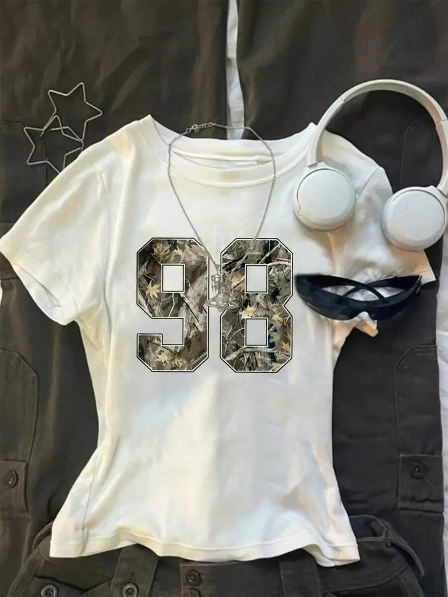 Camiseta de manga corta de cuello redondo informal con estampado numérico, ajustada para niñas, de verano