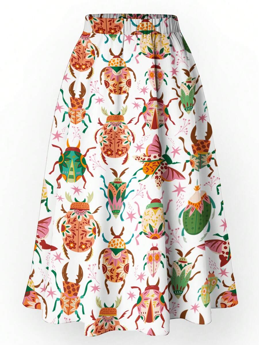 SHEIN Clasi Falda larga en talla grande con estampado de los Beatles, estilo casual y corte evasé, para conjunto de mujer