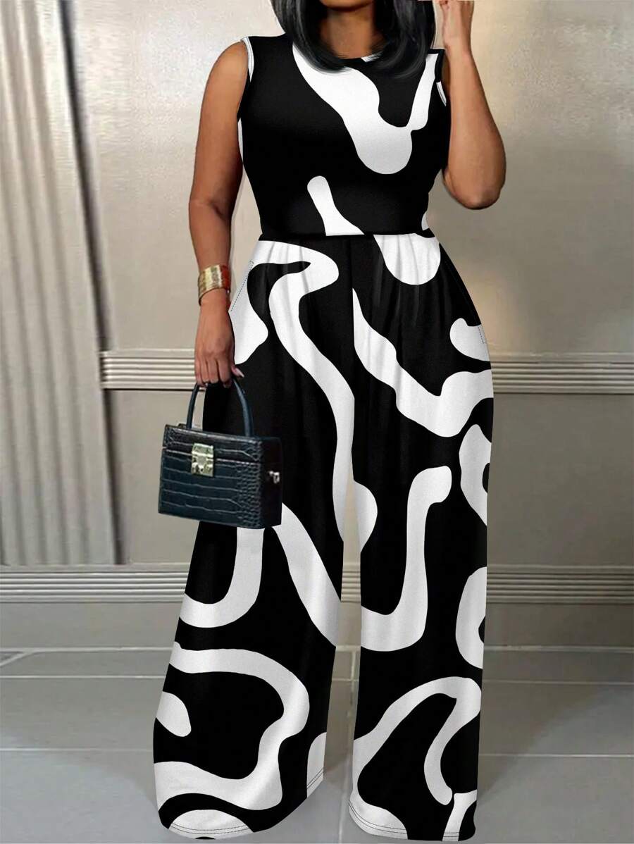 Slaydiva Casual Geometric Pattern Plus Size Jumpsuit With Sleeveless Top, Summer