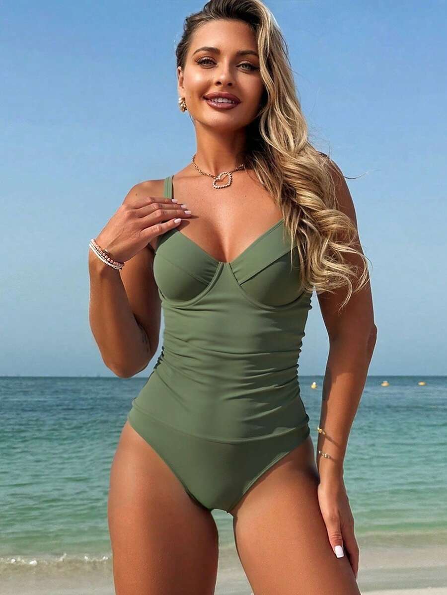 Swim Lushoire Ladies' Summer Beach Music Festival Underwire Model Cup Thick Shoulder Strap High Waist Elegant Vacation Style Tankini Set