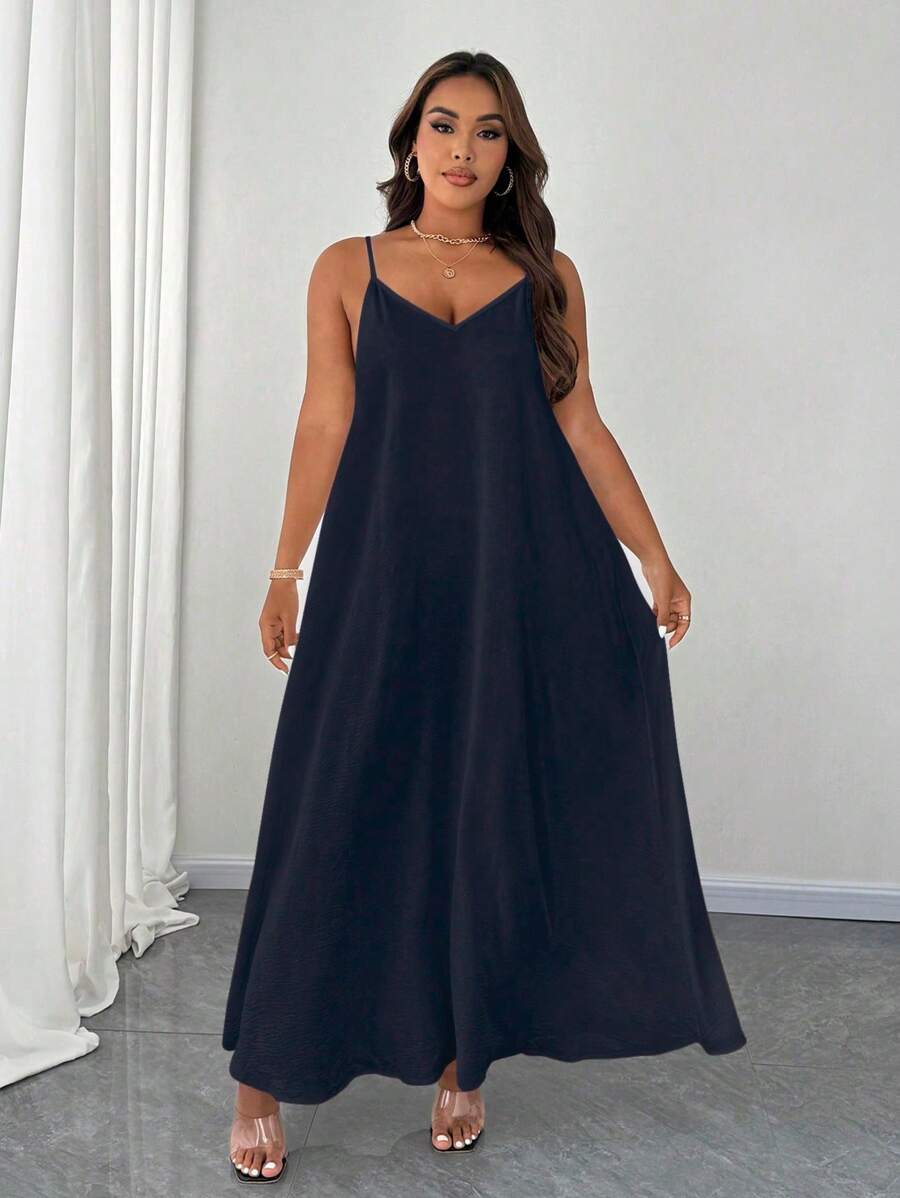 Celure Robe longue femme grande taille élégante de couleur unie à fines bretelles
