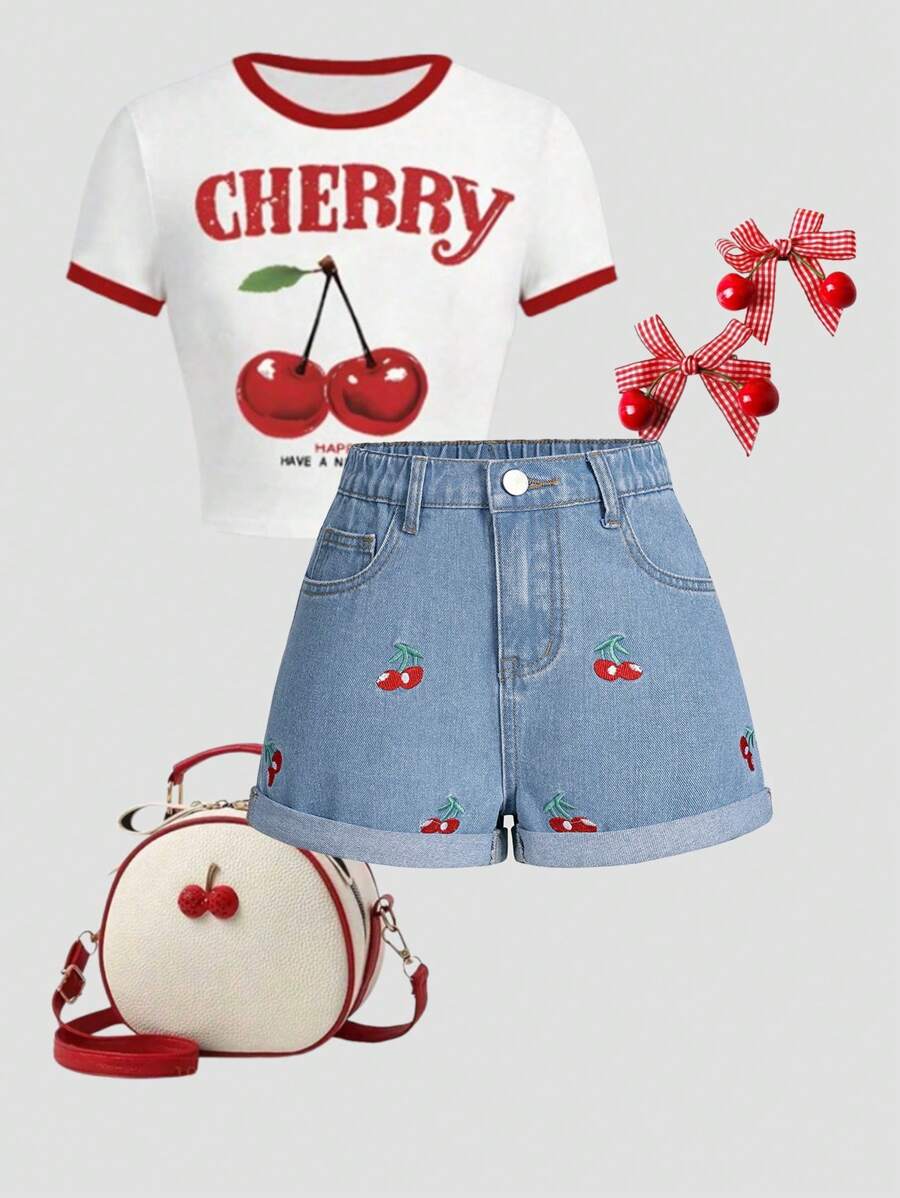 SHEIN Wildeya Pantalones cortos de mezclilla rotos con puños y bordado de cerezas para niñas, sin accesorios