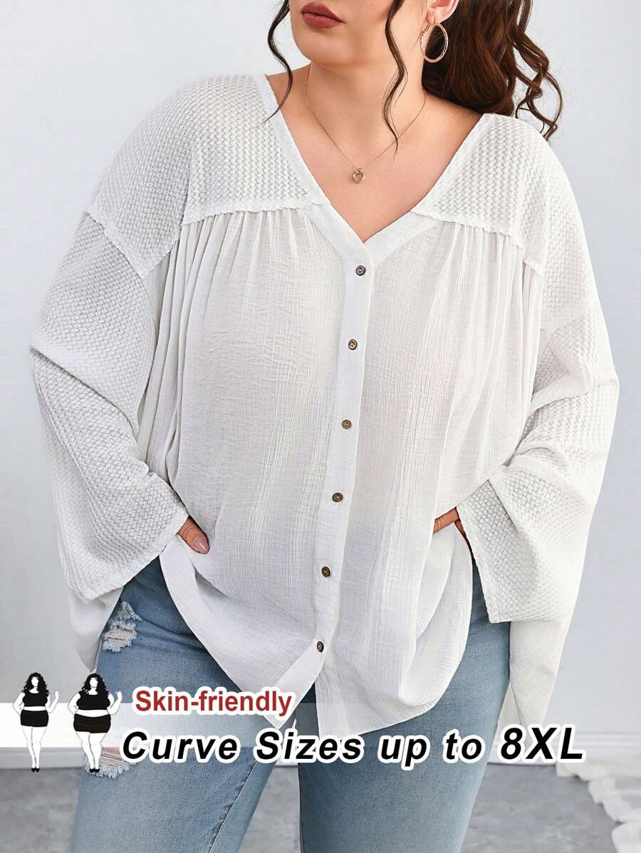 SHEIN CURVE+ Plus Size Women V Neck Single Breasted Long Sleeve Casual Loose Shirtsummer/Country/Beach Vacation Outfits/Beach Outfits/Beach Wear
