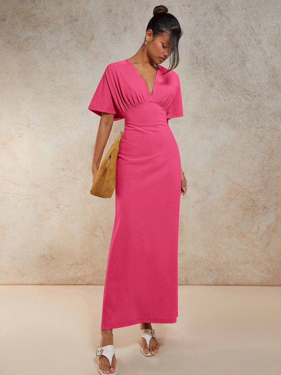 COSMINA Vestito lungo elegante da donna con scollo a V, maniche a pipistrello, vita stretta, colore unito