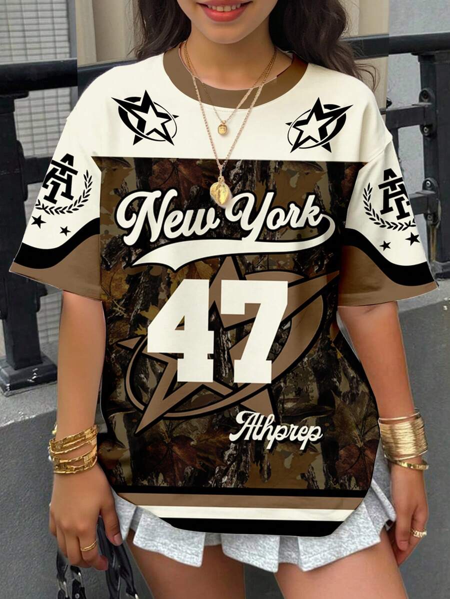 Vintage Sports Style Numeric 47 & Camo Print Casual Oversized Knit T-Shirt, Teen Girls Summer Cool Wear Collection, Bikercore
