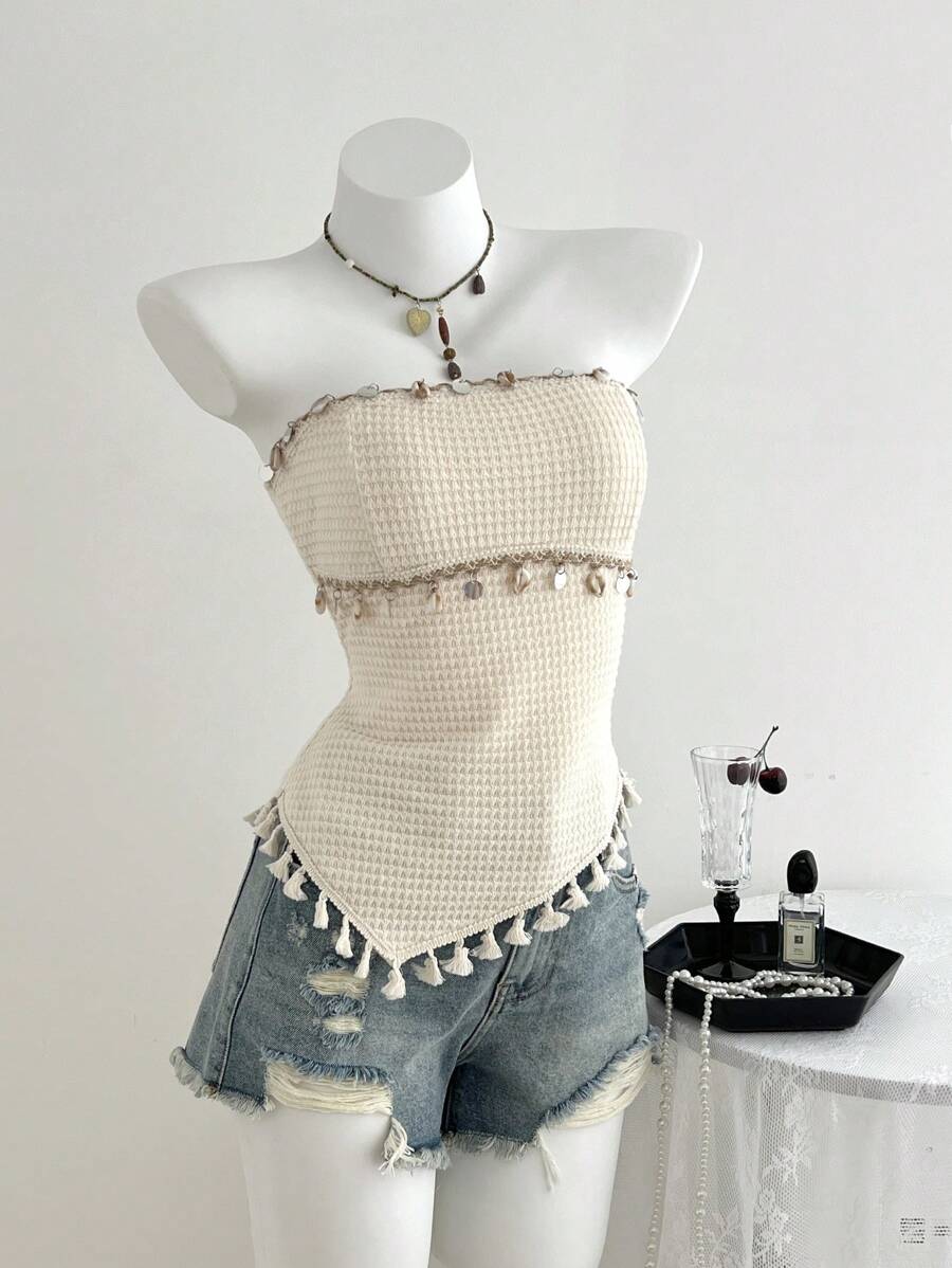 Elamini Top sin mangas con estilo de poncho y bajo con flecos en contraste, para primavera/verano
