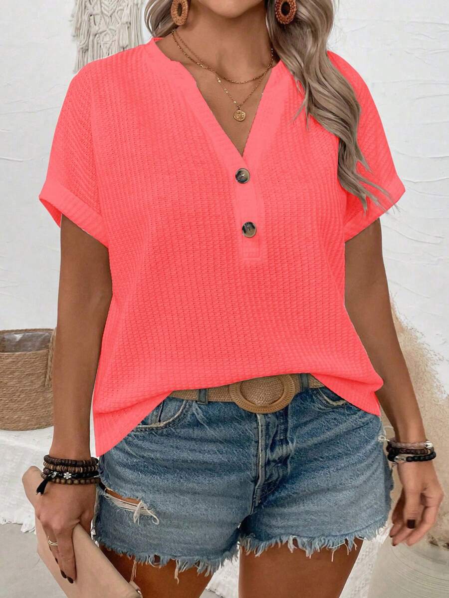SHEIN 2025 New Arrival Plus Size Women Casual V-Neck Button Shoulder Short Sleeve T-Shirt, Sea Salt Blue-Green