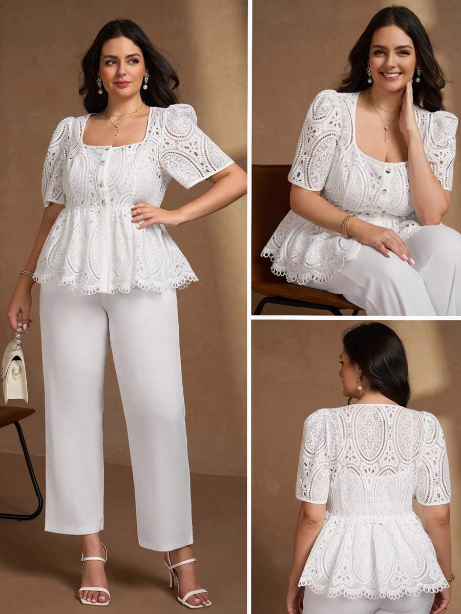 Chikora Blusa romántica elegante de encaje en la cintura para mujer de talla grande