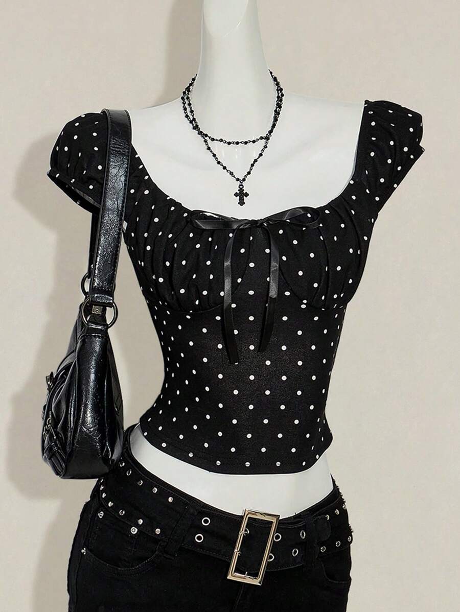 SHEIN ICON Camiseta ajustada de cuello cuadrado con lunares retro sexy