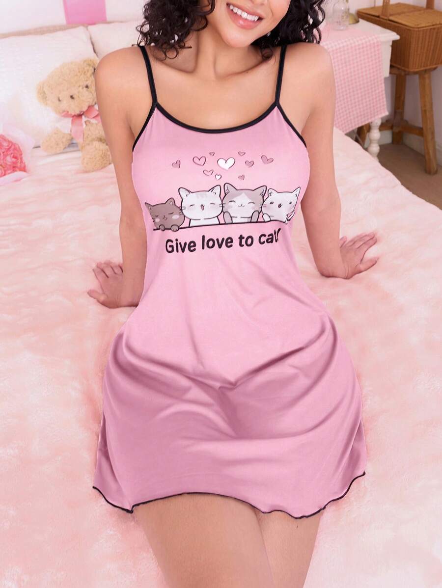 SweetSlumber Women Cute Cat Printed Spaghetti Strap Nightgown