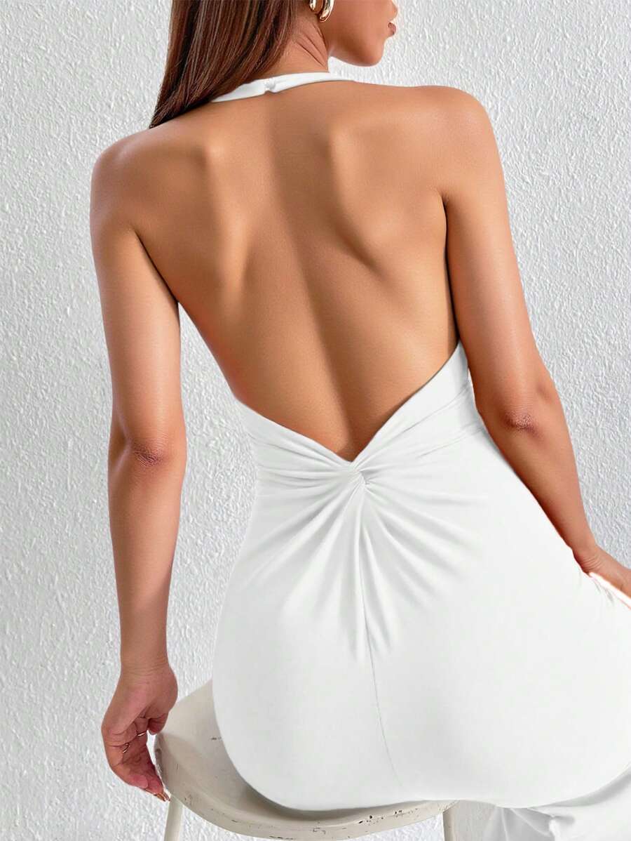 INAWLY Robe mini sexy blanche à dos nu avec torsade et découpe, nouvelle robe d'été pour femmes