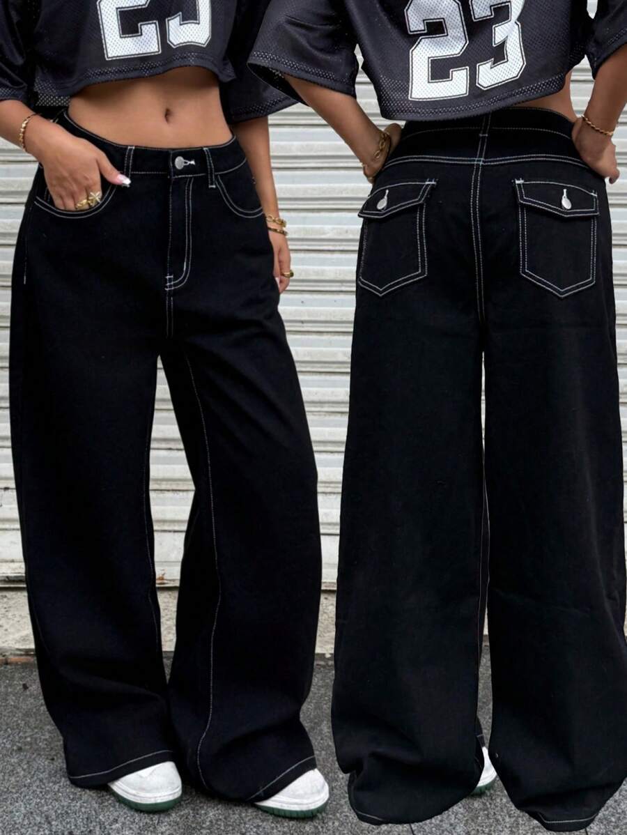 SHEIN Jeans neri con vita ampia in stile Y2K per teenager ragazze, casual per primavera ed estate, adatti per vacanze e stile boho country
