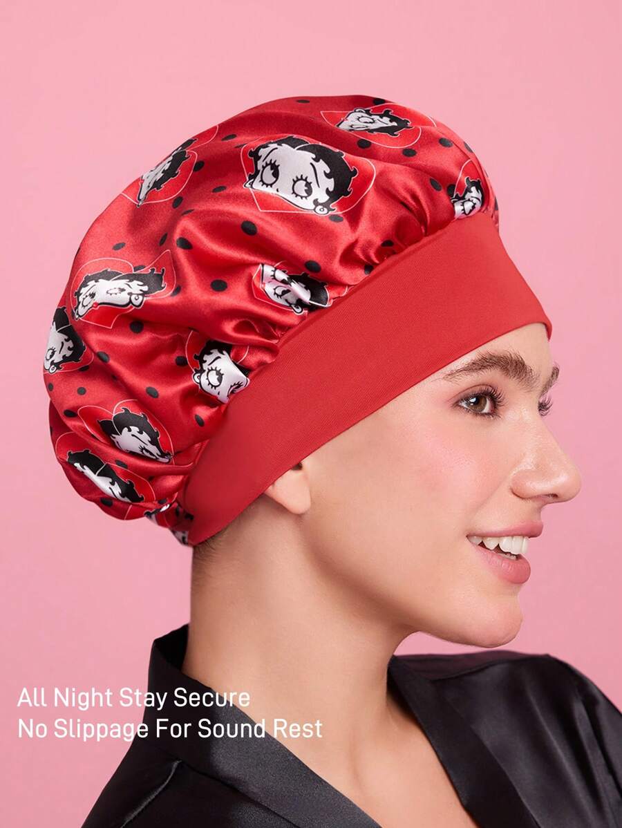 Betty Boop x SHEIN Bonnet de sommeil double couche satiné, à large bord, doux et confortable, avec motif à pois, convenant pour le port quotidien à la maison et le sommeil, rouge