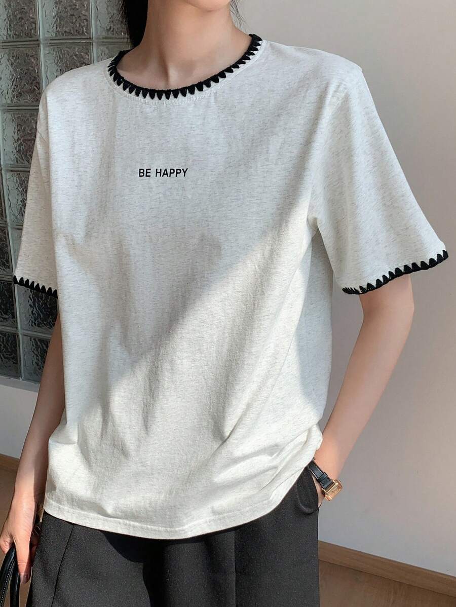 DAZY Women's Casual Colorblock Round Neck Loose Street Wear Short Sleeve Letter Print T-Shirt, Summer
