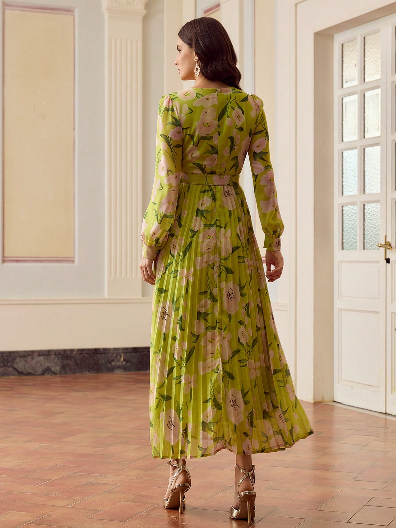 ZEYLAH Women's Floral Print V-Neck Long Sleeve Pleated Hem Elegant