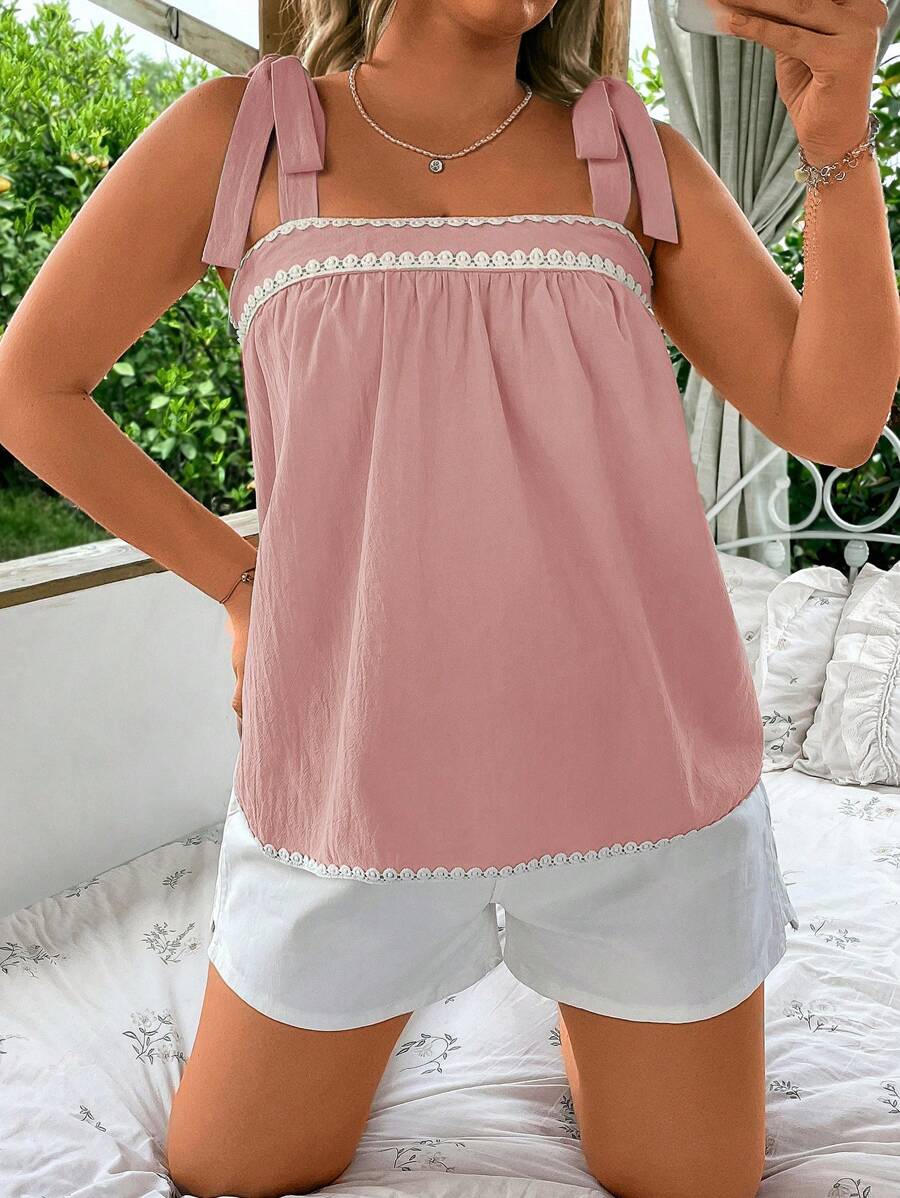 SHEIN VCAY Top casual estivo con scollo quadrato, senza maniche, con lacci sulle spalle e bordi in pizzo a contrasto per taglie forti