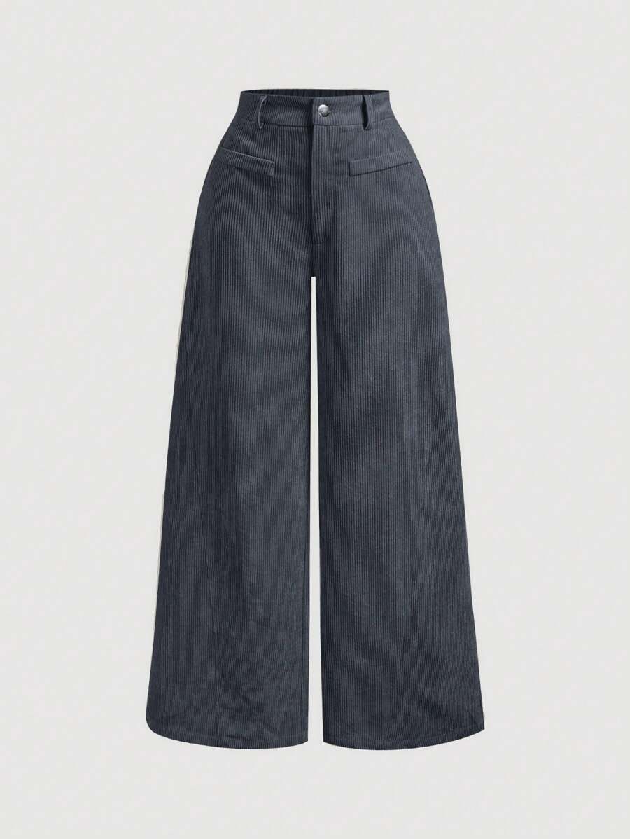 SHEIN MOD Pantalones de pana de unicolor vintage y estilo simple para mujer talla grande, pantalones grises para mujer, pantalones anchos para mujer