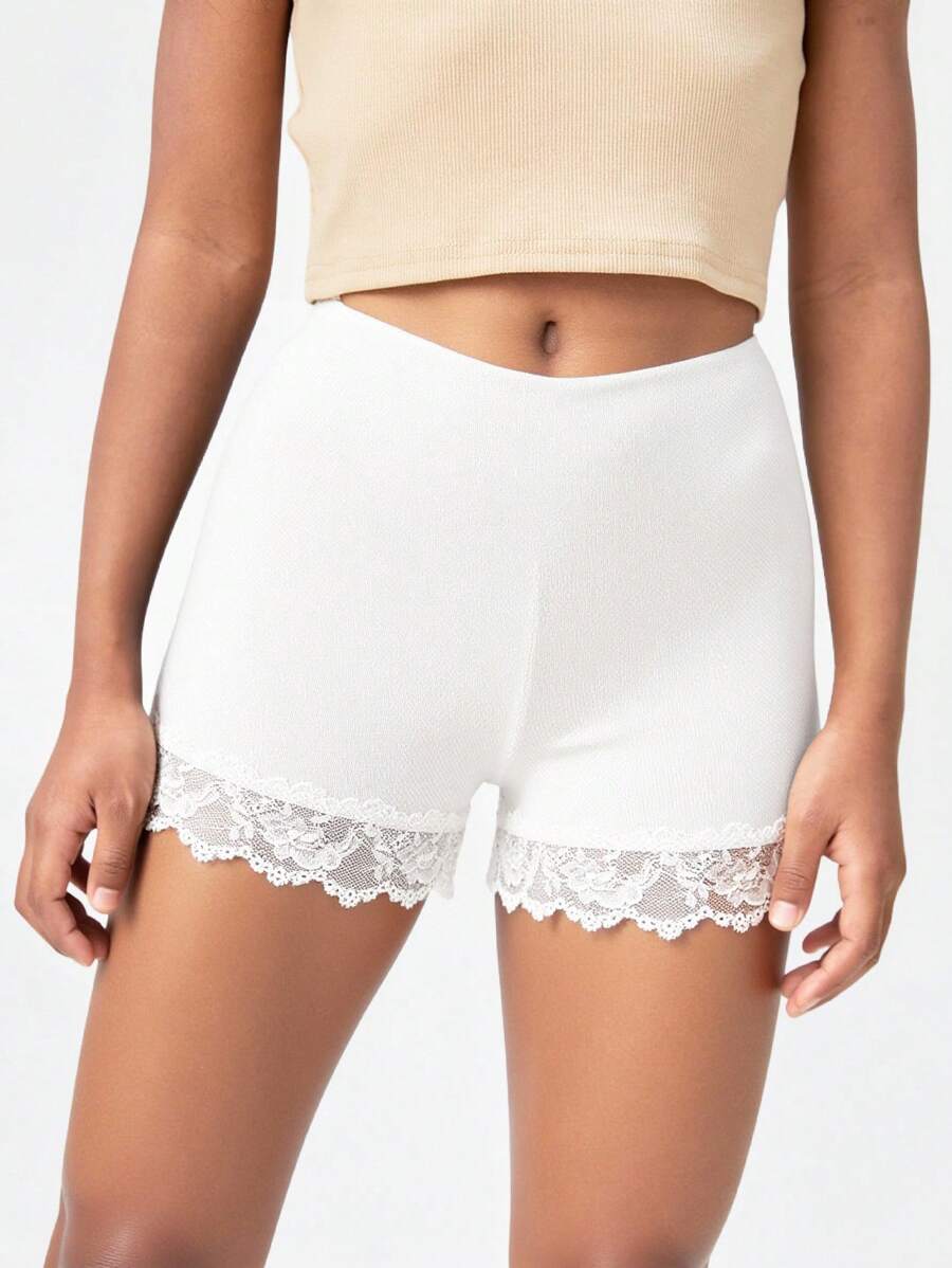 Tween Girls Casual Fashionable White Knit Lace Trim Snug Fit Shorts