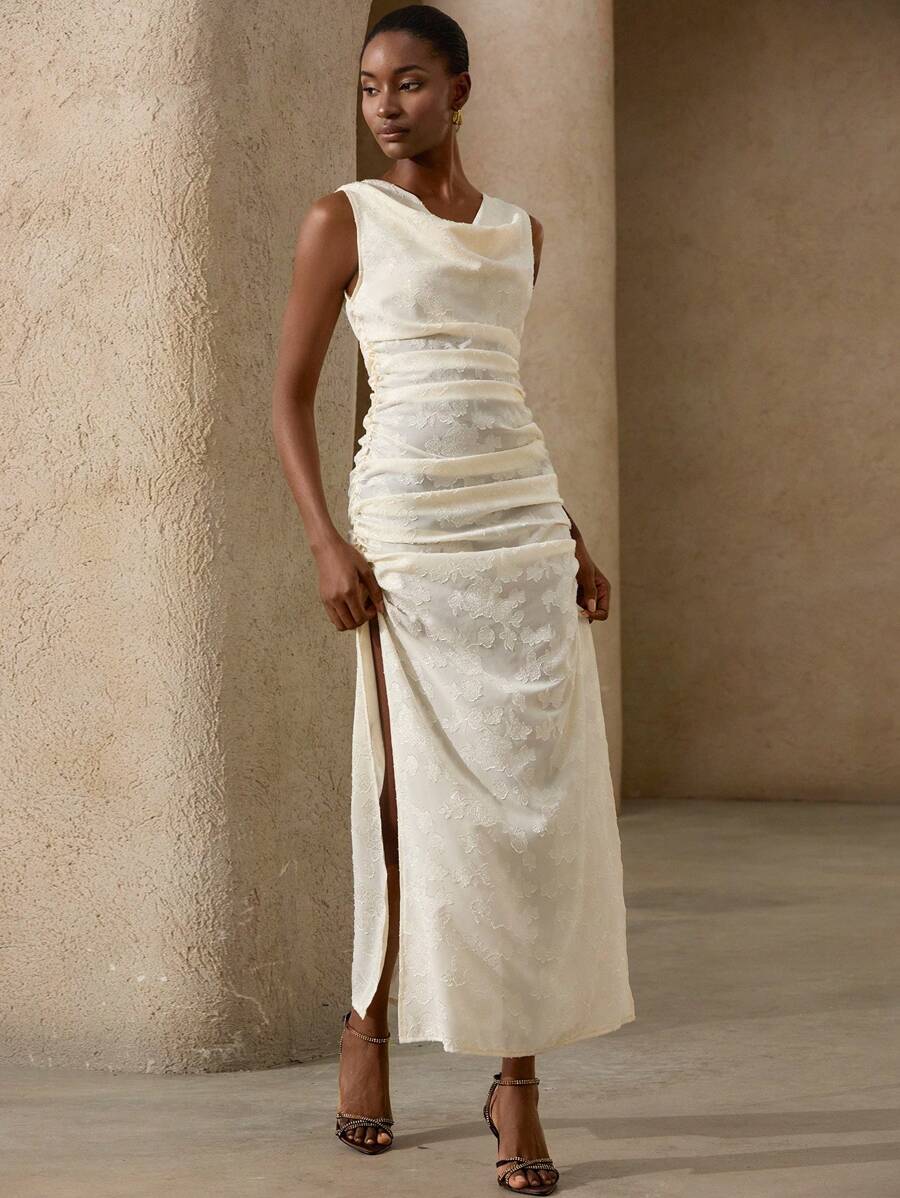 Aveloria Rosie Brown Cut-Out Front & Back V-Neck Fitted High Slit Sleeveless Midi Dress