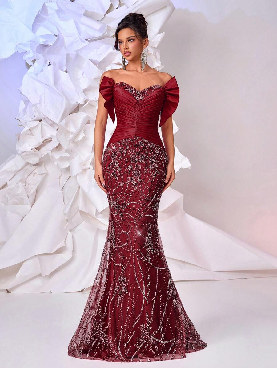 Glamrae Elegante y lujoso vestido de bola satinado, fruncido y con cola de pez con cuentas y lentejuelas, adecuado para bodas, fiestas, vacaciones, galas y eventos formales (resistente)