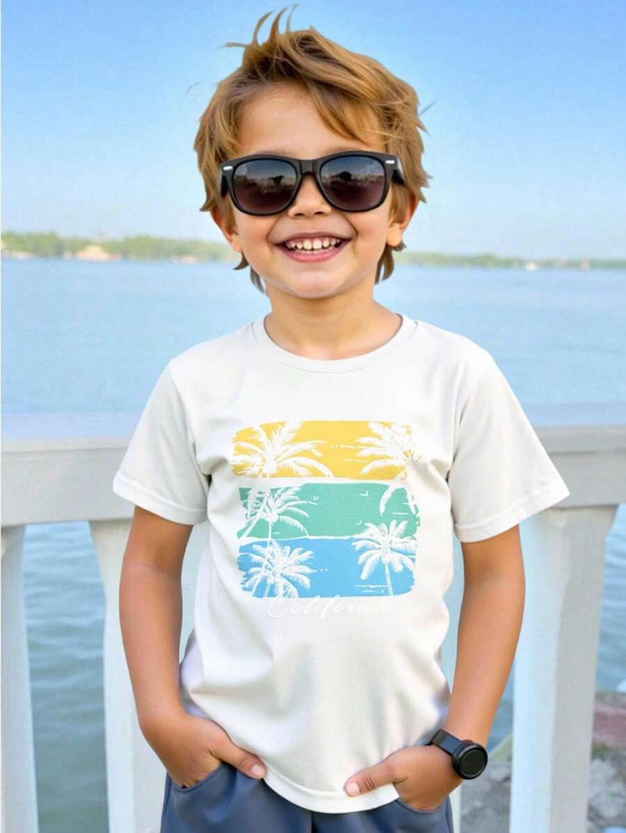 Camiseta de manga corta de punto con cuello redondo y estampado de vacaciones lindo y casual para niños pequeños, adecuada para el trayecto, la escuela, el uso diario casual, las vacaciones, los deportes, la primavera, el verano, el otoño y el invierno