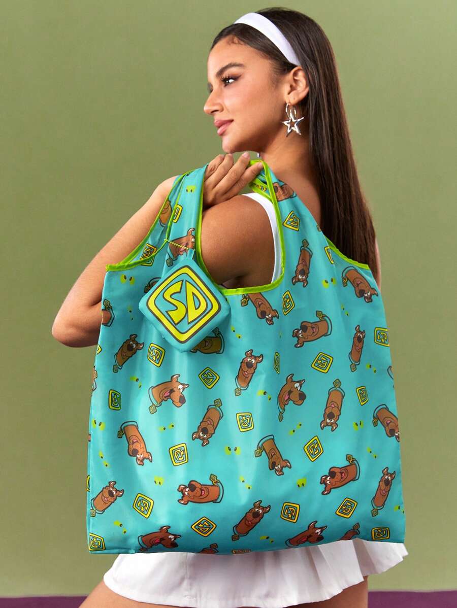 SCOOBY-DOO X SHEIN Sacola de compras portátil dobrável RPET com padrão de desenho animado, cachorro