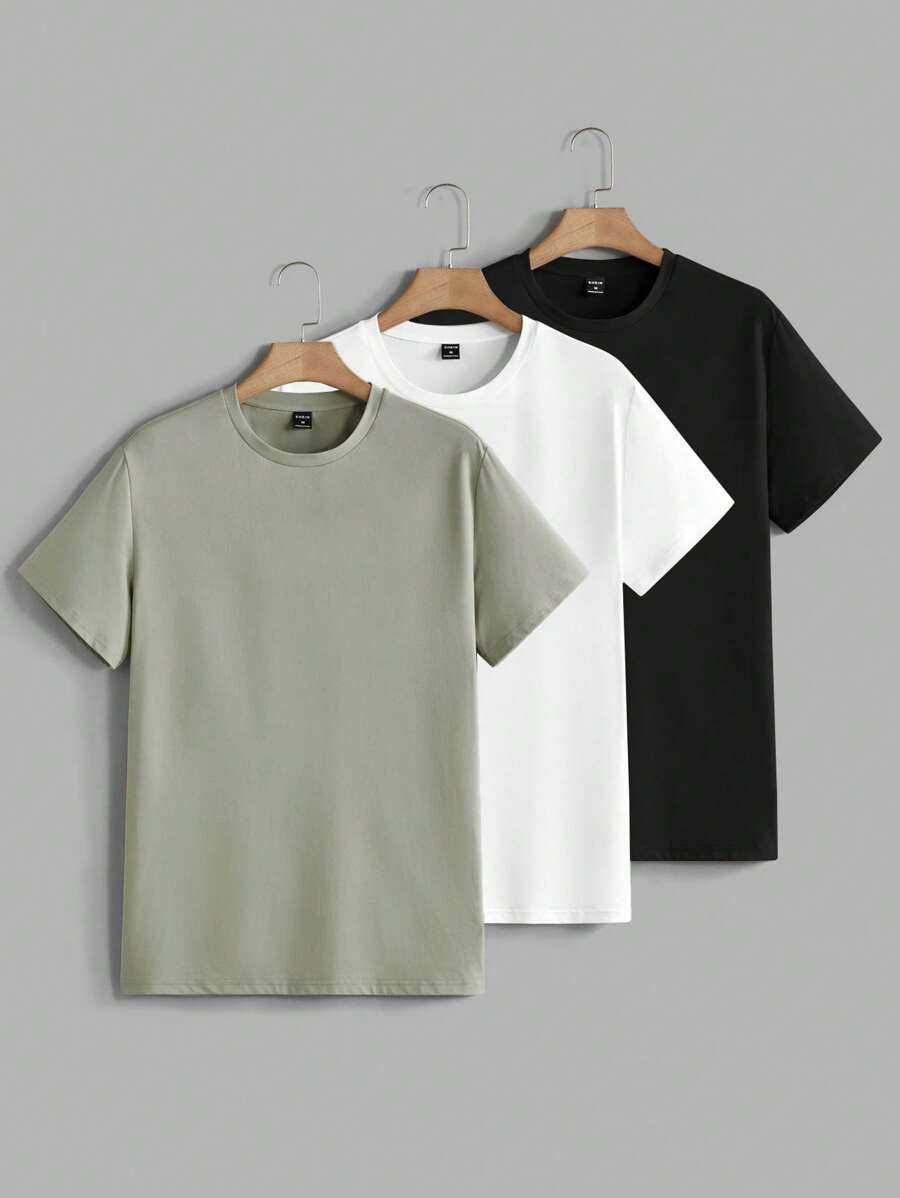 HIMLAND 3 pezzi Confezione T-shirt casual a maniche corte in maglia tinta unita da uomo