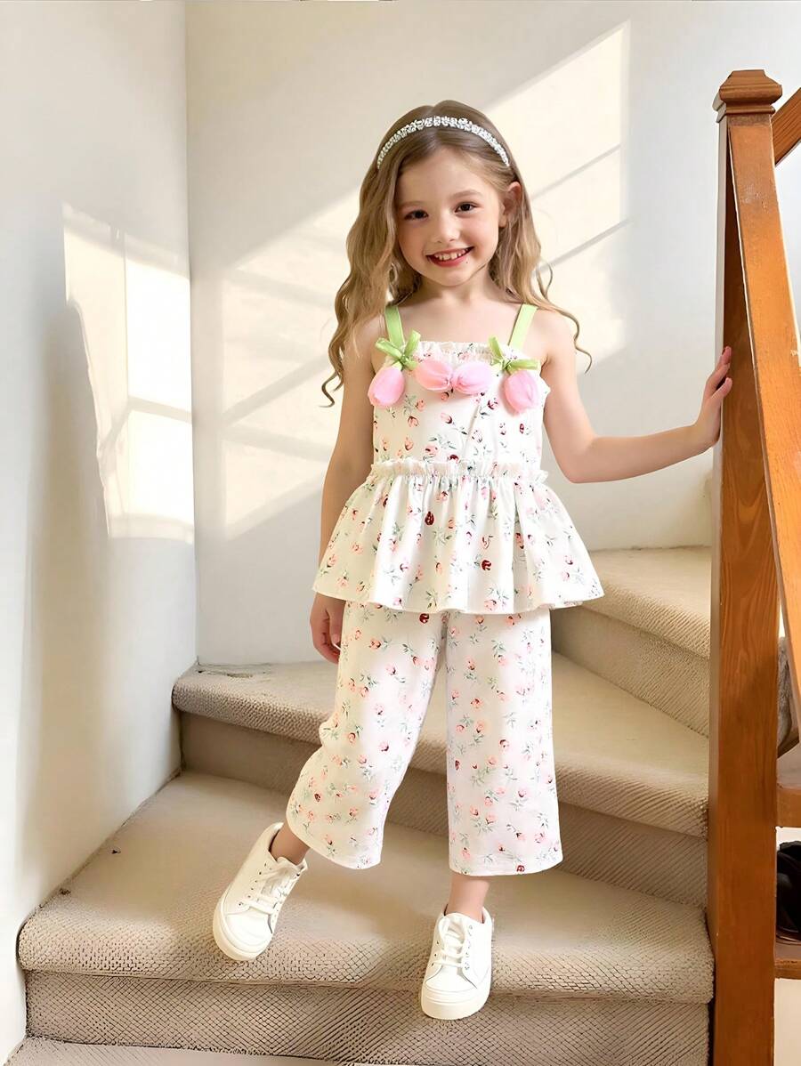 Young Girl Ditsy Floral Decorated Cami And Pants Suit