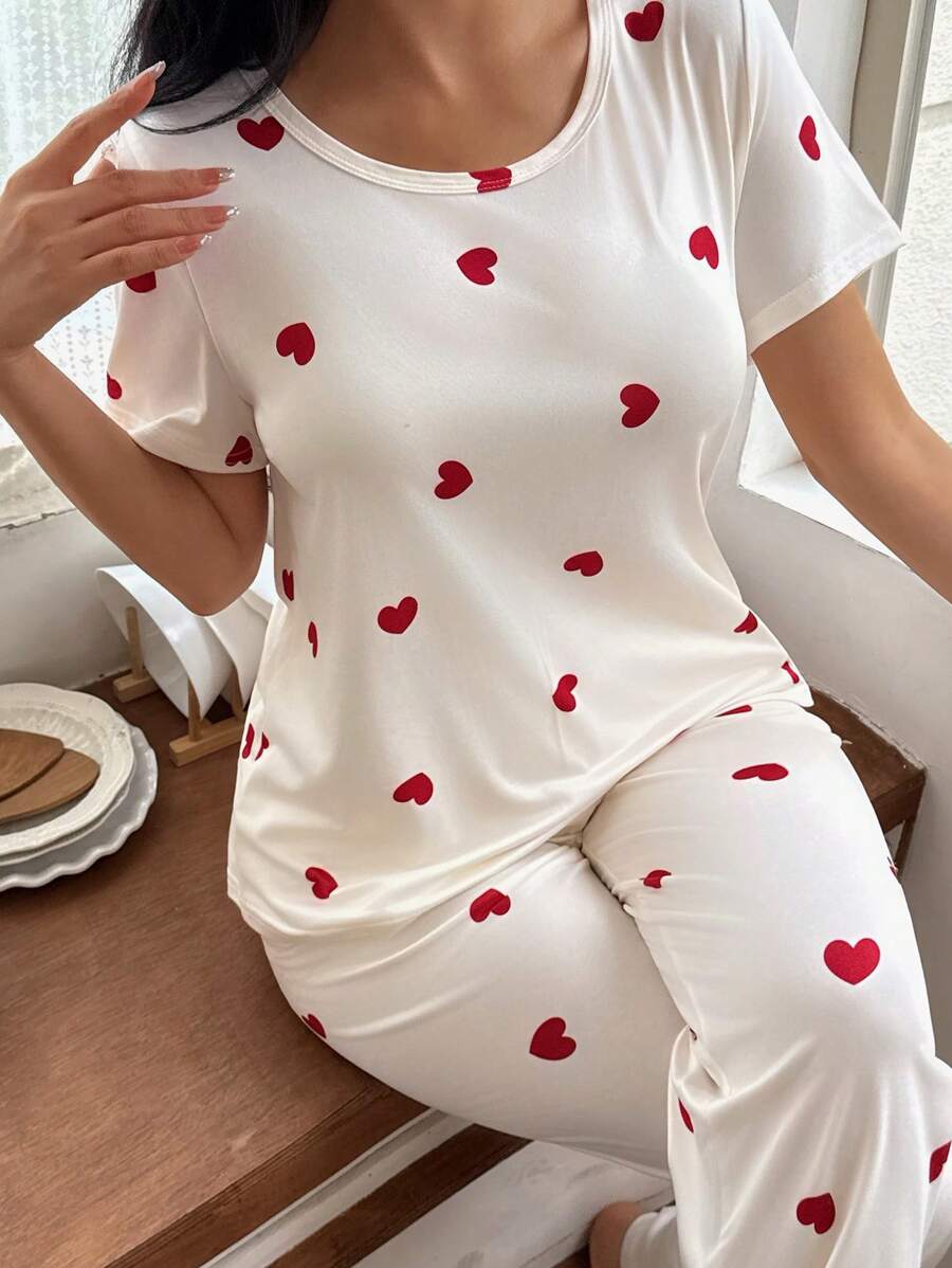 SHEIN Ensemble pyjama femme t-shirt à manches courtes imprimé cœur et short