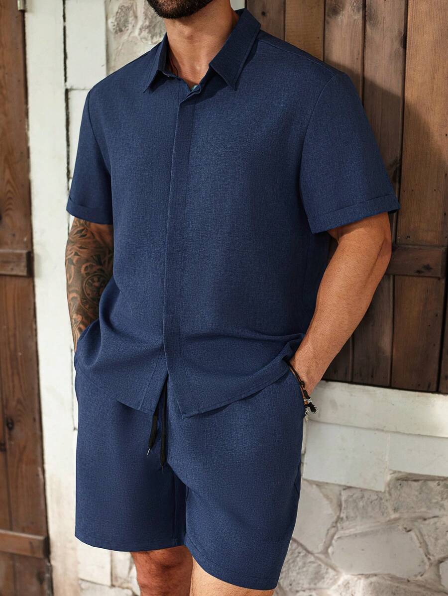 ResortEase Plus-size heren set met overhemd, korte mouwen, kraag en korte broek