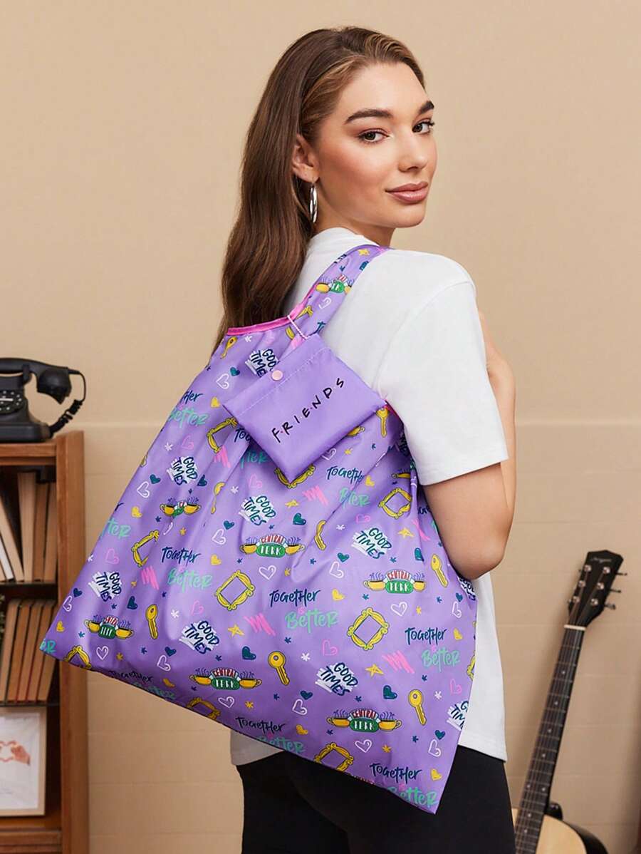 FRIENDS X SHEIN Sac cabas pliable en RPET avec imprimé lettres, sac de course portable, cadeaux