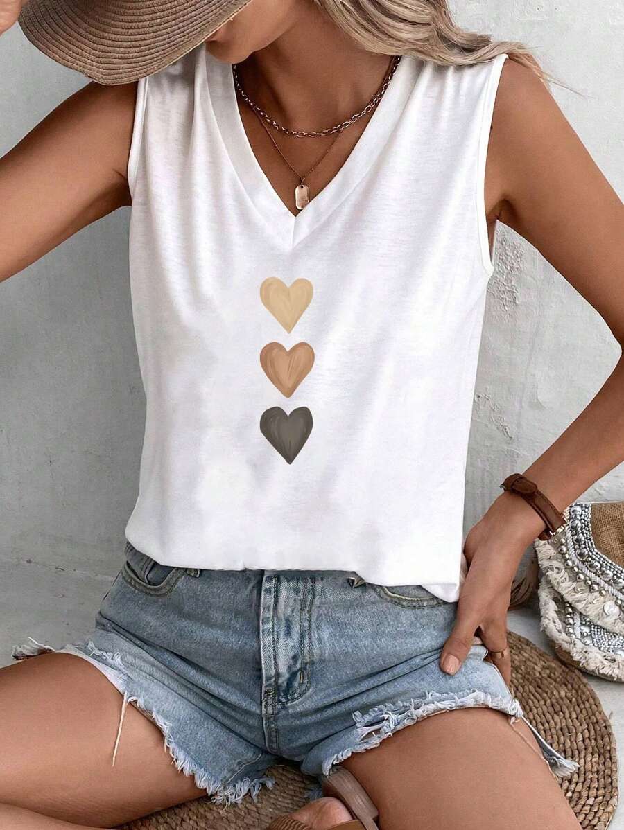 EMERY ROSE Casual Heart Pattern V-Neck Regular Women Tank Top Suitable For Summer Back To School