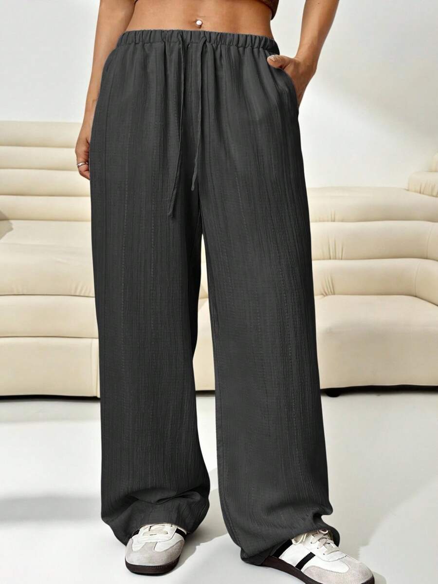 SHEIN EZwear Pantalones holgados de tela de color gris oscuro de talla grande para mujer, de estilo casual de negocios